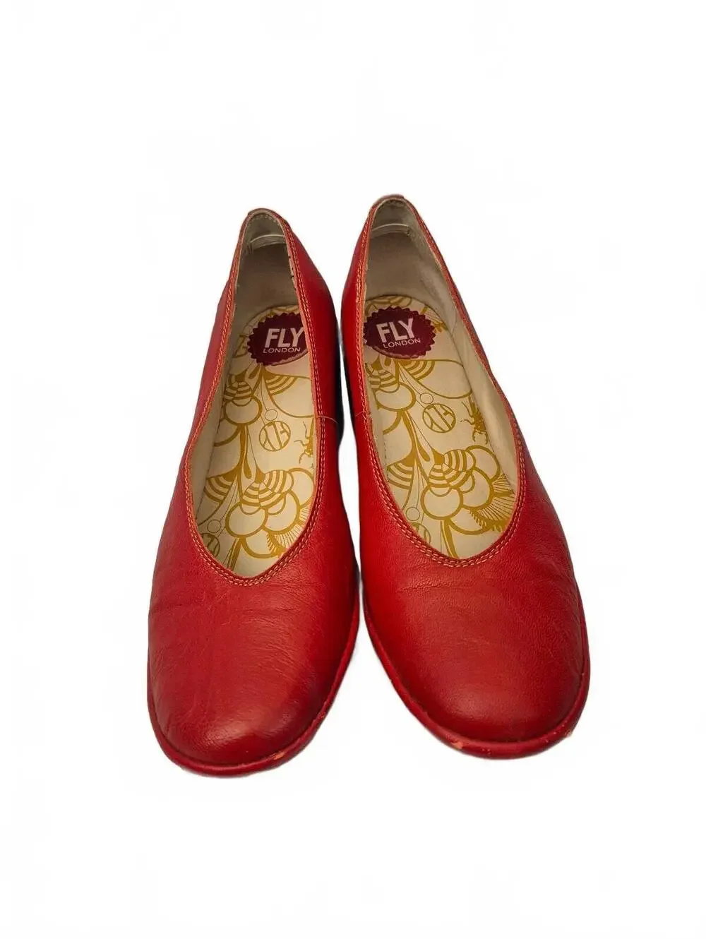 Fly London Red Leather Block Heel Pumps. Features Soft Leather Uppers, Slip-On D